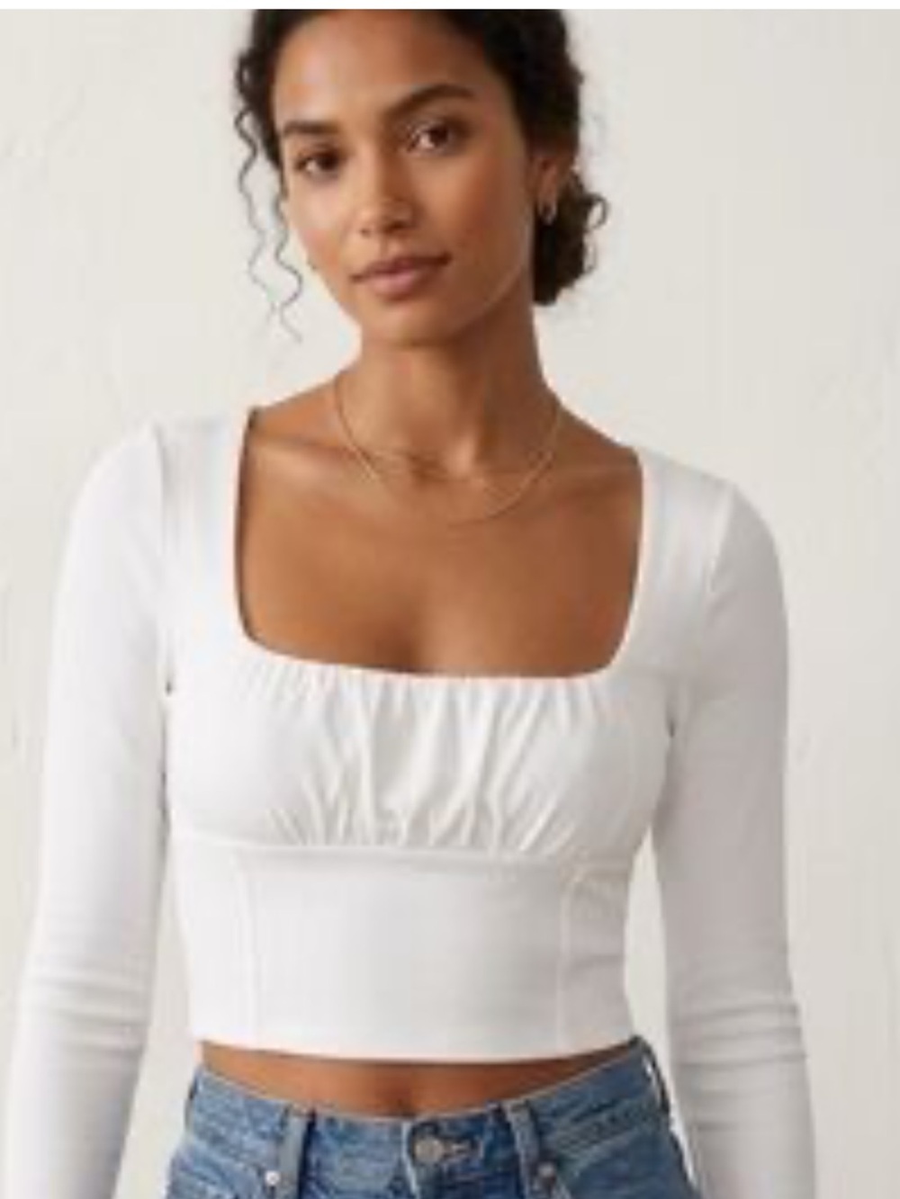 Wilfred Cropped White Long-Sleeve Gathered Front Top